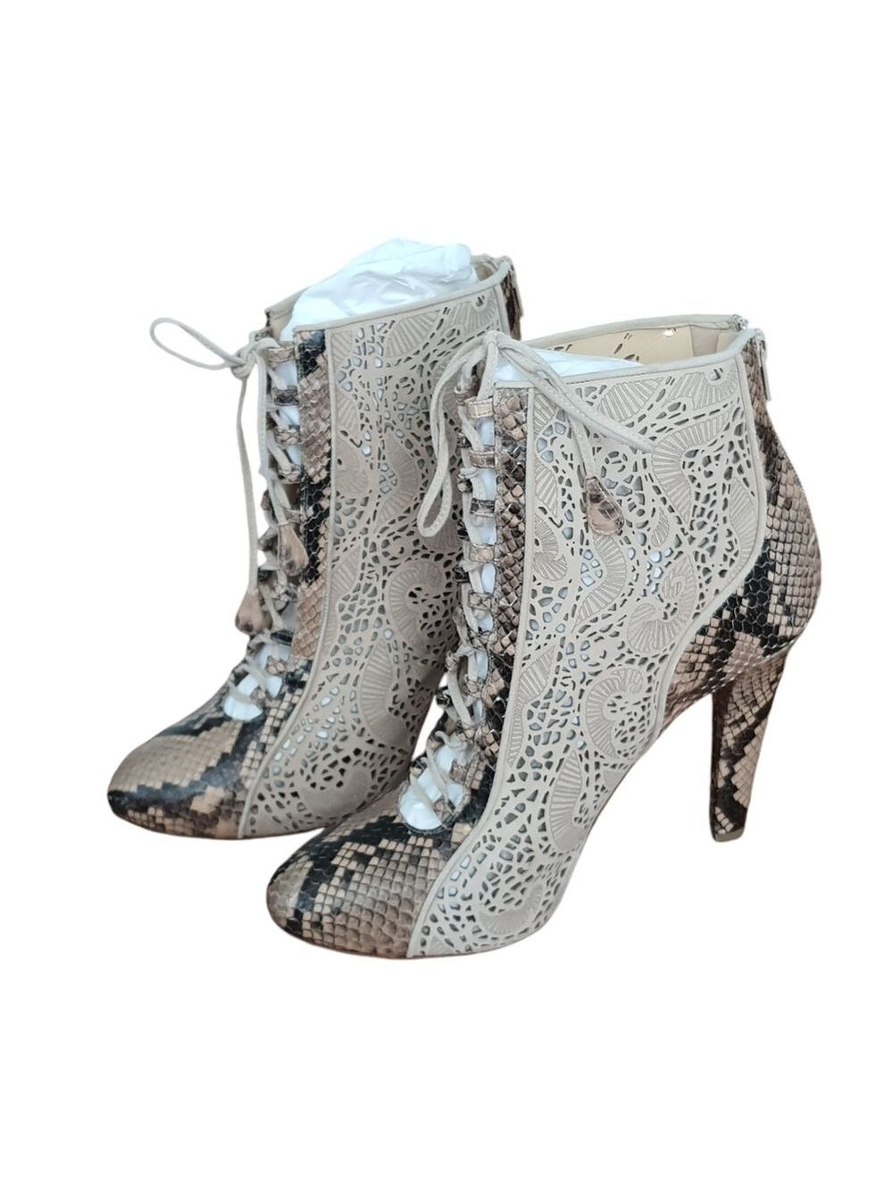 Chloe Gosselin Python Lace up Ankle Heels Zip Back Laser Cut Leather *Like New*